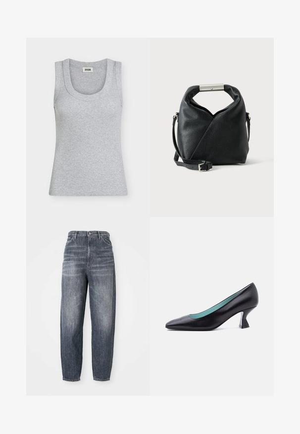 Mouwloos grijs geribd tanktopje met een ronde hals en een klein label aan de binnenkant van de rug met de tekst "DRYKORN".; Donkerblauwe jeans van denim, met een losse pasvorm, rechte pijpen en subtiele vervaging. Standaard vijf-pocket stijl met een knoopsluiting.; Zwart leren pumps met een spitse neus, een lage, uniek gevormde blokhak en een lichtblauwe binnenvoering, afgebeeld tegen een effen witte achtergrond.; Zwarte gestructureerde leren handtas met een opgerolde handvat met een zilveren metalen stang en een verstelbare schouderriem met gesp.