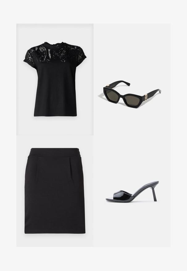 AllSaints ANNA SNAKE TEE - T-shirts print - black; Sort knælang blyantskørt med bred linning og diskrete forreste plisseringer, lavet af glat stof.; Sorte laklæder sandaletter med åben tå, der har et buet overdesign og en spids stilethæl. Glat, blank finish.; Tommy Hilfiger Solbriller - black