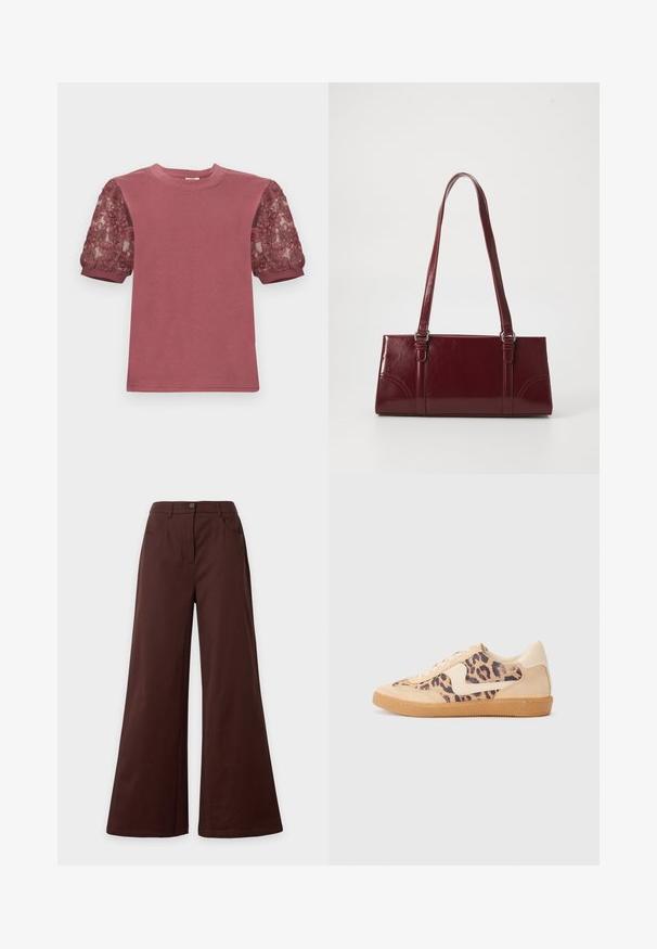 Top malva con textura acanalada, cuello redondo y mangas abullonadas transparentes con bordado floral y puños con ribete.; Pantalones marrones de pierna ancha con botón delantero y bolsillos, mostrados sobre un fondo claro y liso.; Zapatillas de leopardo con parte superior de ante beige, suela de goma marrón y acentos blancos. Punta redonda y diseño con cordones con un acabado texturado.; Bolso burdeos hecho de material brillante, de forma rectangular, con dos asas para el hombro y sutiles acentos curvados en la parte frontal.