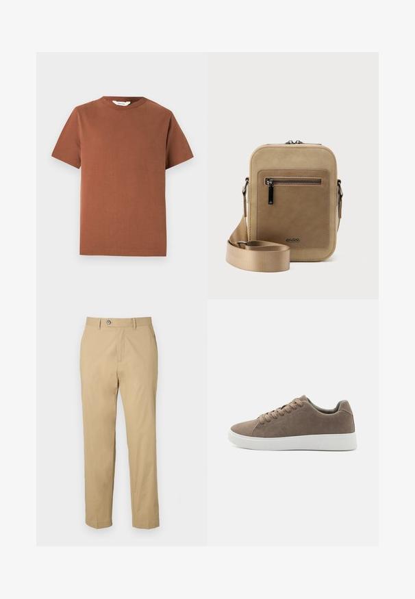 Camiseta marrón de manga corta y cuello redondo, hecha de algodón suave, con un diseño liso sin patrones ni adornos visibles.; Pantalones beige de mezcla de algodón con un diseño de pierna recta, bolsillos frontales y cierre de botón. Textura suave y dobladillos con puños.; Zapatillas de ante marrón con suelas de goma blanca planas, diseño de cordones, punta redondeada y una textura suave. Estilo minimalista con sutiles detalles de costura.; Bolso pequeño beige tipo bandolera con bolsillo frontal con cremallera, logo metálico de ALDO, correa ancha ajustable y forma rectangular redondeada sobre fondo blanco.