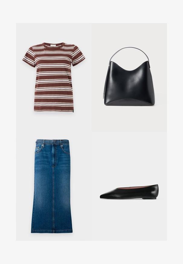 Camiseta marrón a rayas con franjas blancas horizontales, mangas cortas y un cuello redondo clásico, hecha de algodón suave.; Falda de mezclilla en un lavado medio con corte recto, que cuenta con un zipper delantero oculto, presillas para cinturón y costuras en contraste.; Zapato plano negro de cuero para mujer con punta puntiaguda y tacón bajo, mostrado de lado sobre un fondo liso gris claro.; Bolso de mano de cuero negro con un diseño liso y estructurado, que presenta una parte superior curva y un asa corta. Minimalista, sin acentos de hardware visibles.
