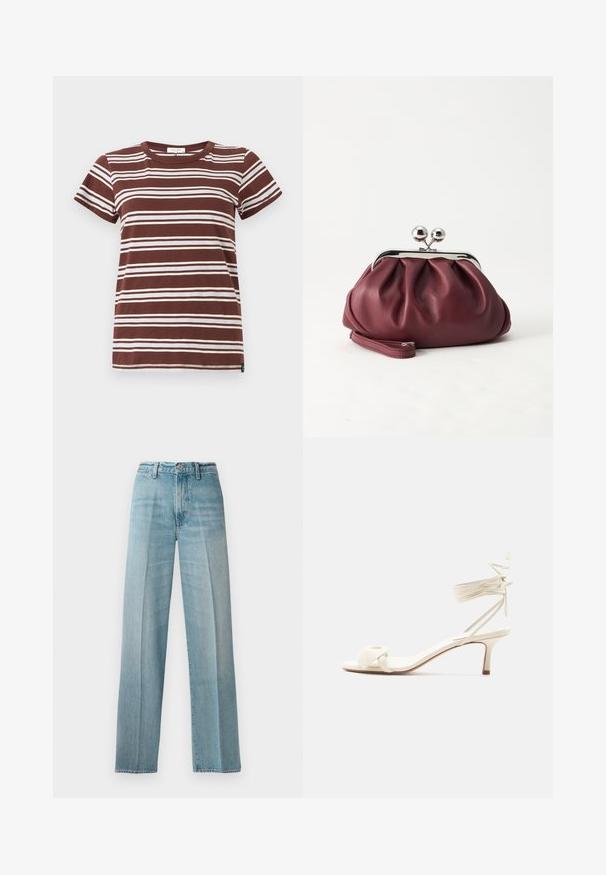 Καφέ ριγέ μπλουζάκι με οριζόντιες λευκές ρίγες, κοντά μανίκια και κλασική στρογγυλή λαιμόκοψη, κατασκευασμένο από απαλό βαμβάκι.; Απαλά μπλε τζιν παντελόνια με ψηλή μέση, ίσια γραμμή, διακριτική φθορά, χαλκένιες βίδες και κλασικό κλείσιμο με κουμπί στο μπροστινό μέρος.; Παντόφλα με χαμηλό τακούνι σε κρεμ απόχρωση, με κορδόνια που δένουν στον αστράγαλο και φαρδιά στριφτή λουρίδα πάνω από τα δάχτυλα, σε απλό λευκό φόντο.; Μικρό μπορντό δερμάτινο τσαντάκι φάκελος με ασημένιο μεταλλικό κλείστρο και λουράκι καρπού σε λευκό φόντο.