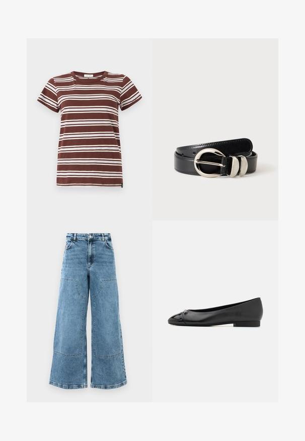 Camiseta marrón a rayas con franjas blancas horizontales, mangas cortas y un cuello redondo clásico, hecha de algodón suave.; Jeans de denim celeste de piernas anchas con una cintura alta, grandes bolsillos frontales y costuras visibles. Presenta un diseño clásico de cinco bolsillos.; Bailarinas negras con puntera de charol, parte superior de cuero elegante y un tacón bajo cuadrado. Hay un pequeño adorno decorativo en la puntera.; Cinturón de cuero negro con una hebilla redondeada plateada y dos pasadores plateados sobre un fondo claro y liso.