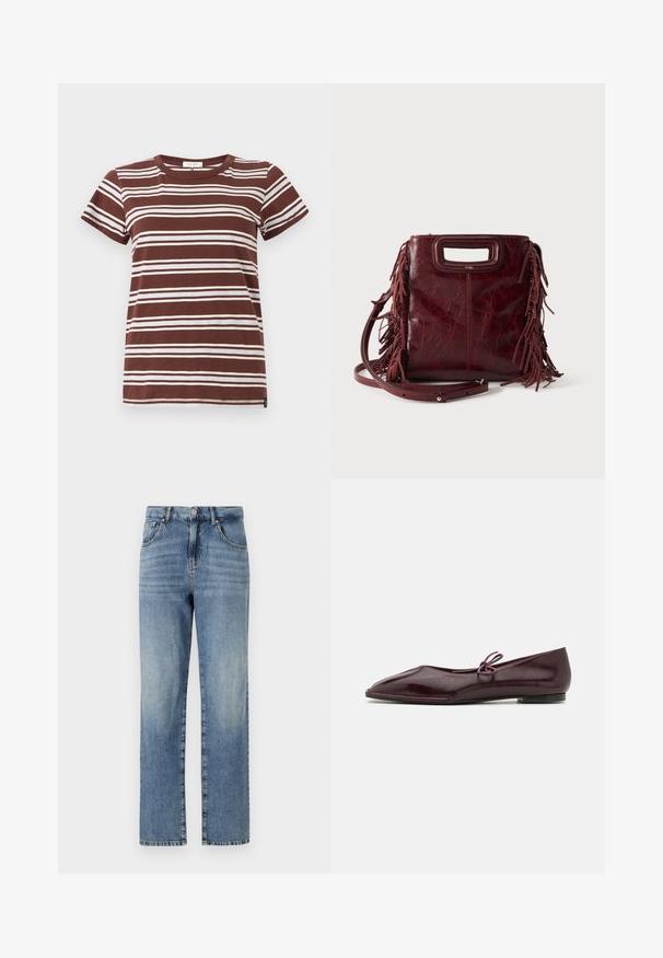 Braun gestreiftes T-Shirt mit horizontalen weißen Streifen, kurzen Ärmeln und einem klassischen Rundhalsausschnitt aus weicher Baumwolle.; Hellblaue Jeans aus Denim mit geradem Bein, fünf Taschen, Knopf- und Reißverschluss und minimaler Ausbleichung des Stoffes.; Ballerinas aus bordeauxrotem Lackleder mit einer spitzen Zehenform und einem dekorativen lila Bogen auf dem Blatt; flaches Sohlen-Design.; Quadratische burgunderrote Lederhandtasche mit ausgeschnittenem Griff, seitlichen Fransen und verstellbarem Schulterriemen auf einfarbigem Hintergrund.