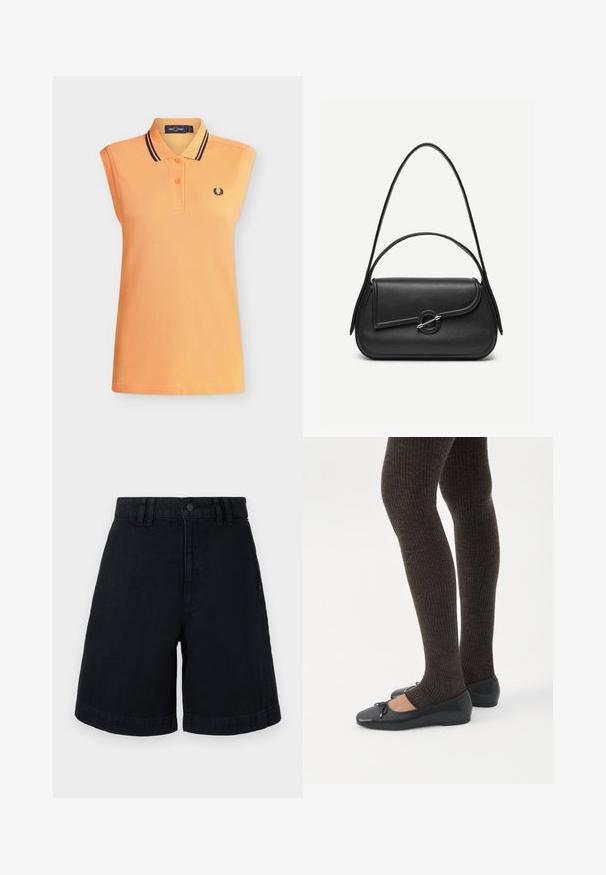 Polo orange sans manches avec deux boutons, doubles rayures noires sur le col, et petit logo couronne de laurier noire sur la poitrine.; Shorts en denim noir à coupe droite, avec une fermeture à bouton, des passants de ceinture et des ourlets roulés. Texture lisse avec des détails de couture subtils.; Jambes portant des leggings côtelés foncés associés à des ballerines noires avec de petits détails en nœud sur fond blanc.; Sac à main en cuir noir avec bords arrondis, rabat asymétrique, fermoir circulaire en métal, et des bandoulières courtes et longues.