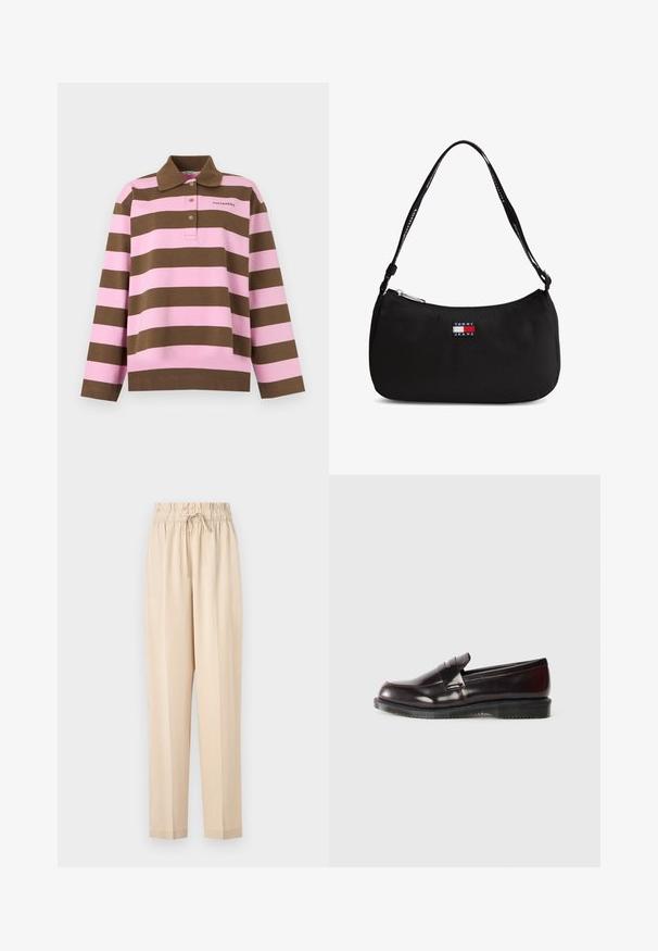 Langærmet poloshirt med horisontale lyserøde og brune striber, tre knapper og lille "marimekko"-logo på brystet.; Beige, lette bukser med elastisk talje, snøre detaljer og lige ben. Glat tekstur, minimalisk stil.; Bordeaux læder loafers med en glat overflade, en hævet sømdetalje og en gummisål. Designet med en rund tå og minimal hardware.; Lille sort skuldertaske med buet top lynlås og "Tommy Jeans" logo patch foran, med sort rem med hvid tekst.