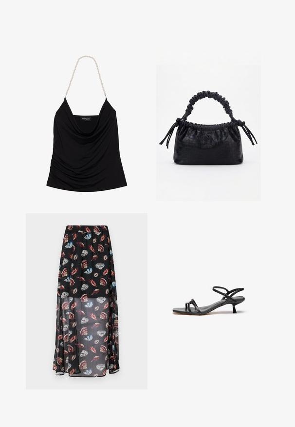 Zwarte tanktop met een drapeerhals en gemêleerd stof. Voorzien van parelketting schouderbanden en een logo-label aan de binnenkant.; Zwarte, doorschijnende maxi rok met een elastische tailleband, versierd met een kleurrijke schelp- en vlinderprint. Lichtgewicht, luchtige stof.; Zwarte leren sandaal met een slank, minimalistisch ontwerp. Heeft twee dunne banden en een kleine, schuine hak. Gladde textuur en open teen.; Zwarte handtas met krokodillenstructuur, geplooide bovenrand, samengevoerde handgreep en koordtassels aan elke kant tegen een witte achtergrond.