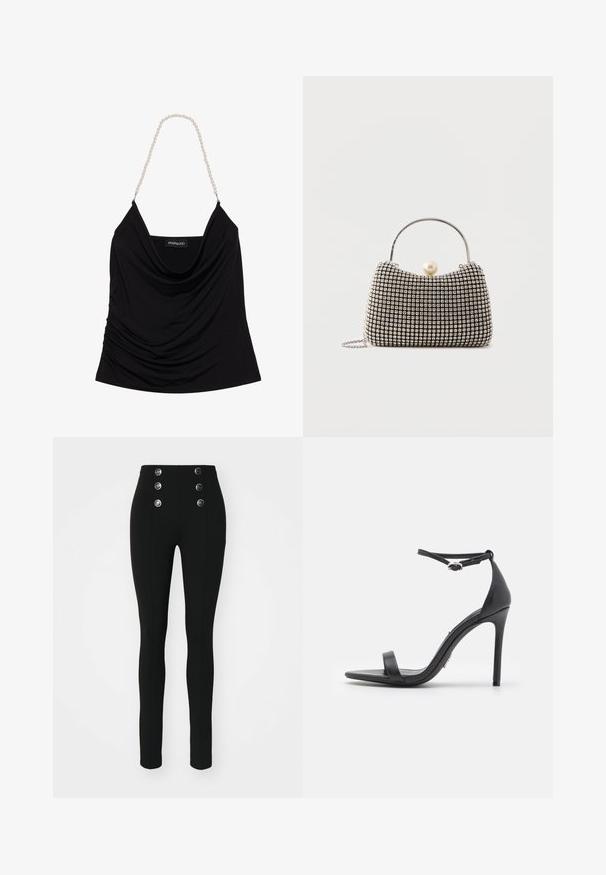 Débardeur noir drapé avec un col en cowl et un tissu texturé. Doté de bretelles en chaîne de perles et d'une étiquette logo à l'intérieur.; ONLY ONLNORI LEGGING - Legging (type pantalon) - black; Sandales noires à talons hauts avec un orteil ouvert, des fines lanières et une boucle à la cheville. Texture en cuir lisse avec un design de forme pointue.; Petit sac à main avec motif à carreaux argenté, poignée incurvée, grande fermeture à perle et une fine bandoulière en chaîne argentée sur un fond uni.