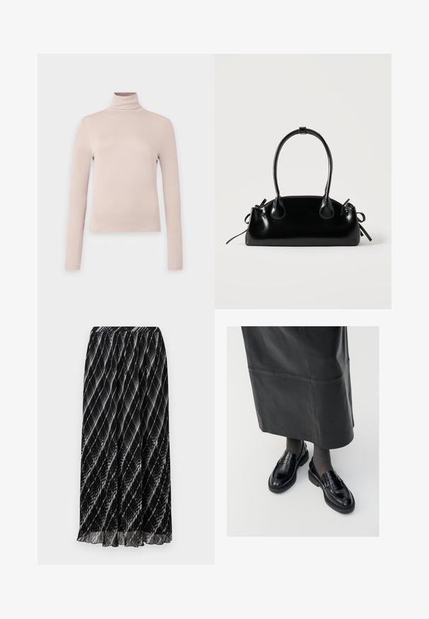Svetlo béžový dlhý rukáv turtleneck top, vyrobený z hladkej elastickej látky, s priliehavým strihom a vysokým golierom. Žiadne viditeľné vzory ani akcenty.; Čierna skladaná sukňa s diagonálnym bielym a šedým vzorom, vyrobená z mäkkej, ľahkej tkaniny a s elastickým pásom.; Čierne kožené poltopánky s hladkým povrchom, s dekoratívnym pásikom, okrúhlou špičkou a textúrovanou podrážkou. Nosené s dlhou čiernou koženou sukňou.; Malá čierna lesklá kabelka s dvoma dlhými rúčkami a bočnými šnúrkovými detailmi na jednoduchom svetlom pozadí.