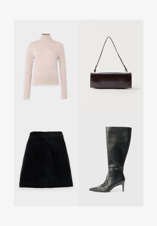 Lys beige langærmet turtleneck top, lavet af glat strækstof, med en tætsiddende pasform og høj krave. Ingen synlige mønstre eller accenter.; Sort kordfløjlsskjørt med en tætsiddende talje, lige skæring og tekstureret stof med lodrette ribber. Ingen synlige lukninger eller udsmykninger.; Sorte knæhøje støvler i læder med en slank hæl, spids tå og remdetaljer ved anklen. Glat tekstur og tætsiddende design.; Rektangulær sort læderhåndtaske med en enkelt lang rem og blank finish, vist mod en ensfarvet hvid baggrund.