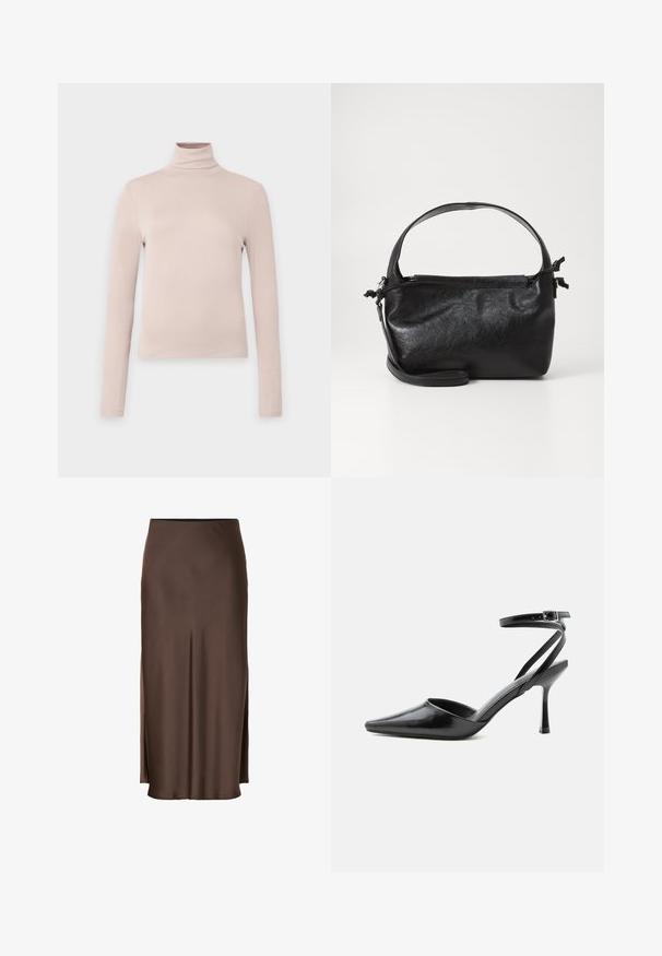 Lys beige langærmet turtleneck top, lavet af glat strækstof, med en tætsiddende pasform og høj krave. Ingen synlige mønstre eller accenter.; Brun satin nederdel med et lige design, der har sideslids for let bevægelse og en glat tekstur gennem stoffet.; Sort spids højhælet sko med tynde ankelremme og sølvspænde på en ensfarvet lys baggrund.; Sort læderhåndtaske med et struktureret design, rund tophåndtag og aftagelig skulderrem. Den har en glat tekstur og en subtil glans.