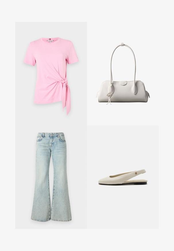 Lyserød T-shirt med korte ærmer lavet af blødt stof, med en knude-detalje på venstre side og en rund halsudskæring. Simpelt design.; Lyseblå flared jeans lavet af denim, med høj talje, lommer og frynset kant. Stoffet har et slidt look og en subtil struktur.; Flatsko i cremefarvet læder med rundet tå og lille guldemblem på remmen.; Hvid Calvin Klein skuldertaske med lange håndtag, rektangulær form, lynlåslukning og dekorativt logohæng tæt på håndtaget.