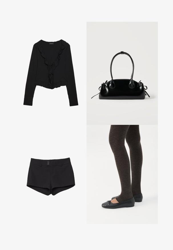 Haut noir à manches longues côtelé avec un col en V volanté, détail de nœud à l'avant et un ourlet cropped. Texture douce avec une silhouette ajustée.; Shorts noirs en tissu à la texture lisse. Dotés d'une taille élastique, de deux poches avant et de deux boutons noirs à l'avant.; Jambes portant des leggings côtelés foncés associés à des ballerines noires avec de petits détails en nœud sur fond blanc.; Petit sac à main noir brillant avec deux longues anses et des détails à cordon sur les côtés sur un fond clair uni.