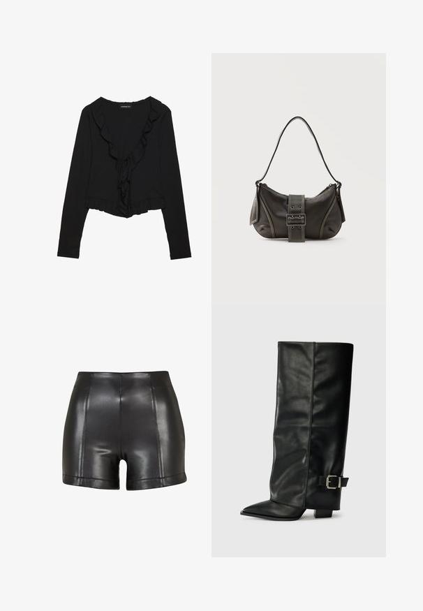 Haut noir à manches longues côtelé avec un col en V volanté, détail de nœud à l'avant et un ourlet cropped. Texture douce avec une silhouette ajustée.; Shorts en simili cuir noir avec une taille haute, une texture lisse et des coutures visibles sur le devant et l'ourlet.; Bottes noires en cuir longueur cheville avec un bout pointu, texture lisse et une accent en boucle argentée sur le côté. Talon carré épais.; Sac à épaule en cuir noir avec une sangle à boucle, des bords arrondis et des coutures blanches contrastées sur un fond uni.