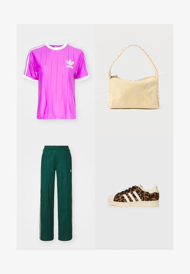 adidas Originals 3 S TEE - T-Shirt print - purple burst; Dunkelgrüne Sporthose mit lockerer Passform, ausgestattet mit einem Kordelzugbund, Seitentaschen und cremefarbenen Streifen an den Seiten.; Leopardenmuster-Sneaker mit schwarzen Schnürsenkeln, weißem Drei-Streifen-Design, cremefarbenem Gummispitze und -sohle sowie strukturiertem Obermaterial.; Kleine beige Ledertasche mit einem einzigen Riemen und silbernen Nieten entlang der Kanten und des Riemens, vor einem schlichten Hintergrund.