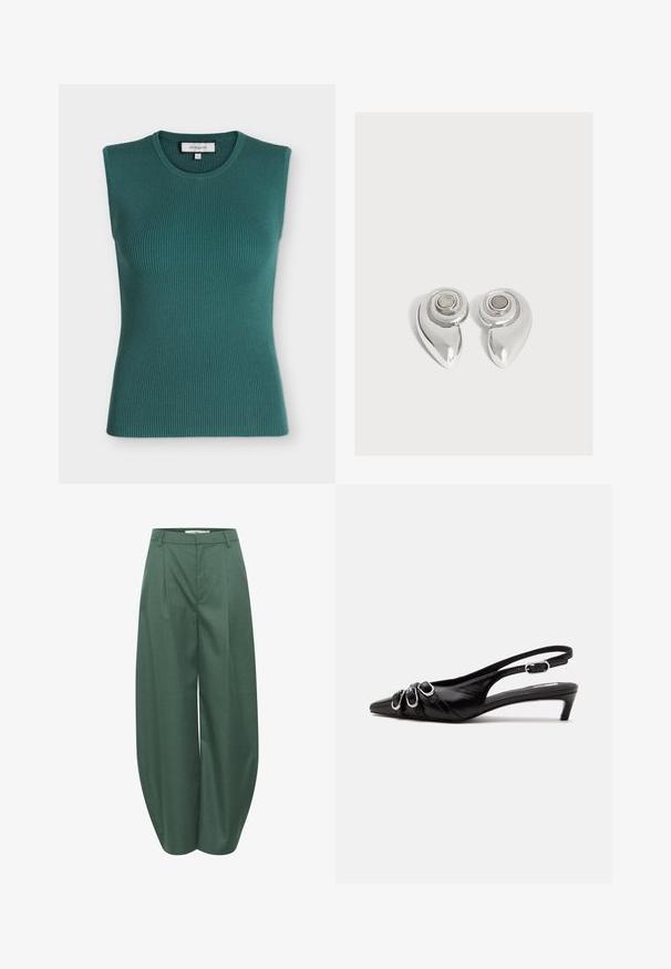 Ærmeløs ribstrikket top i mørk teal med rund halsudskæring og tætsiddende silhuet.; Gestuz CALLIA BARREL PANTS - Bukser - posy green melange; Sort læder slingback sko med spids tå, tre sølvspænder på forsiden og lav lille hæl på hvid baggrund.; Par skinnende sølvfarvede metaløreringe med spiraldesign og en rund sten i midten på en ensartet hvid baggrund.