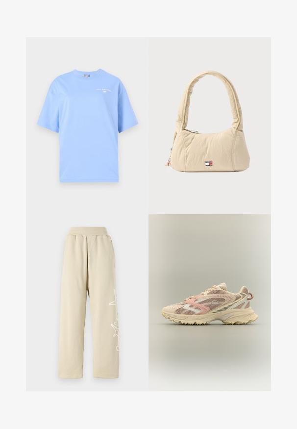 New Balance REIMAGINED OVERSIZED - Tričko s potlačou - electric sky; Beige, voľné tepláky s elastickým pásom, bočnými vreckami a bielym grafickým detailom pozdĺž ľavého stehna. Mäkký bavlnený materiál.; Bežecká obuv s ružovou, béžovou a krémovou sieťovinou a syntetickými prekrytiami, robustná podrážka a textúrovaná podrážka pre lepšiu priľnavosť, bočný pohľad.; Krémovo sfarbená kabelka na rameno vyrobená z mäkkej, prešívanej látky, s zakrivenou rukoväťou a nášivkou s logom. Zatváranie na zips s doplnkovým príveskom.
