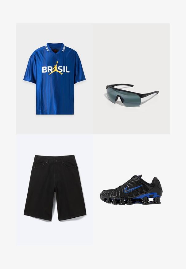 Sinine lühikeste varrukatega spordisärk valgete kraeribadega ja valge sõnaga BRASIL, mille keskel on kollane korvpalluri siluett.; Mustad põlvpikad teksapüksid ees nupuga, vöölõikudega ja viie taskuga, valge taustaga.; Mustmust mustreketega on võrgust pealmine osa ja läikivad aktsendid. Omab sinist sisselõiget, pehmet kaelust ning silmapaistvat musta kummist tallat, kus on nähtav pehmendus.; Spordiprillid musta raami, suurte hallide läätsede ja ümber kogu pead katva disainiga. Omavad silmatorkavat ninaraami ja tekstureeritud templid.