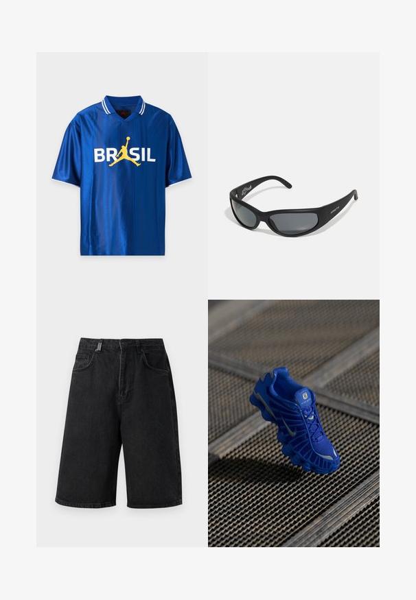 Blaues Sport-T-Shirt mit kurzen Ärmeln, weißen Streifen am Kragen und dem Wort BRASIL in Weiß mit einer gelben Basketballspielersilhouette in der Mitte.; Schwarze Denim-Shorts mit lockerer Passform, mittlerer Taille, fünf Taschen und Gürtelschlaufen. Der Stoff hat eine glatte Textur und dezente Nähte.; Blaue Sportschuh mit einem Obermaterial aus Netzgewebe, strukturiertem Design und einer markanten Sohle, die über ausgeprägte Dämpfungselemente und reflektierende Akzente verfügt.; Schwarze Sonnenbrille mit einem geschwungenen Rahmen und dunklen Gläsern. Sie verfügt über eine matte Oberfläche und den Markennamen "ARNETTE" an der Seite.