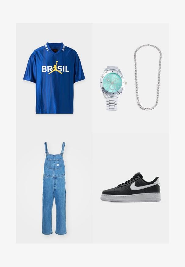 Blauw sportshirt met korte mouwen, witte kraagstrepen en het woord BRASIL in wit met een gele basketbalspeler-silhouet in het midden.; Denim salopette met verstelbare schouderbanden, wijde pijpen en een voorzak met een label. Lichtblauwe kleur met een gestructureerde afwerking.; Zwarte lederen sneaker met een textuur oppervlak, witte Nike swoosh, grijze zool, ronde neus en vetersluiting. Bevat perforaties op de neus.; Zilveren metalen horloge met een licht turquoise wijzerplaat, beschikt over drie subdialen en een schakelschema. Daarnaast een dikke zilveren ketting.