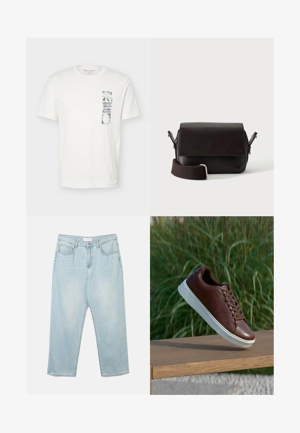 T-shirt blanc à manches courtes avec col rond et graphique abstrait rectangulaire noir sur la partie gauche de la poitrine.; Jean en denim bleu clair avec une coupe décontractée, cinq poches, une fermeture à bouton et un léger délavage. La texture est douce et légèrement usée.; Baskets en cuir marron avec semelle en caoutchouc blanche, design à lacets, texture lisse, bout arrondi et détails de couture subtils.; Sac bandoulière en cuir marron foncé avec fermeture à rabat et sangle en tissu réglable sur fond blanc.