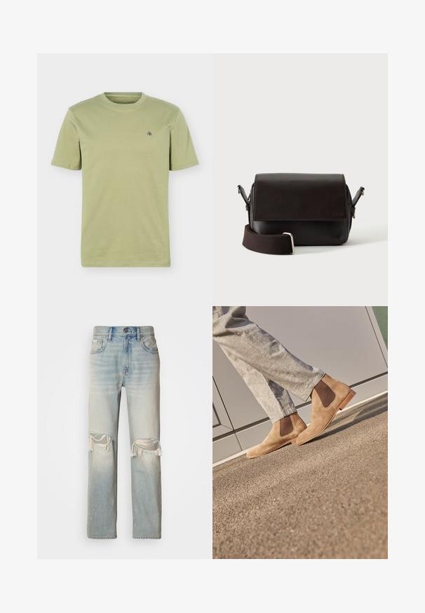 Licht olijfgroene T-shirt met korte mouwen en ronde hals met klein donker logo op de linkerborst, afgebeeld tegen een effen achtergrond.; Lichtblauwe denim jeans met een hoge taille, wijde benen en opvallende scheuren bij de knieën. Heeft rafelige randen en subtiele vervaging.; Bruine suède Chelsea-boots met elastische zijpanelen en een gladde tan rubberen zool, gecombineerd met lichtgrijze broek op een gestructureerd oppervlak.; Donkerbruine leren schoudertas met klepsluiting en verstelbare stoffen riem op witte achtergrond.
