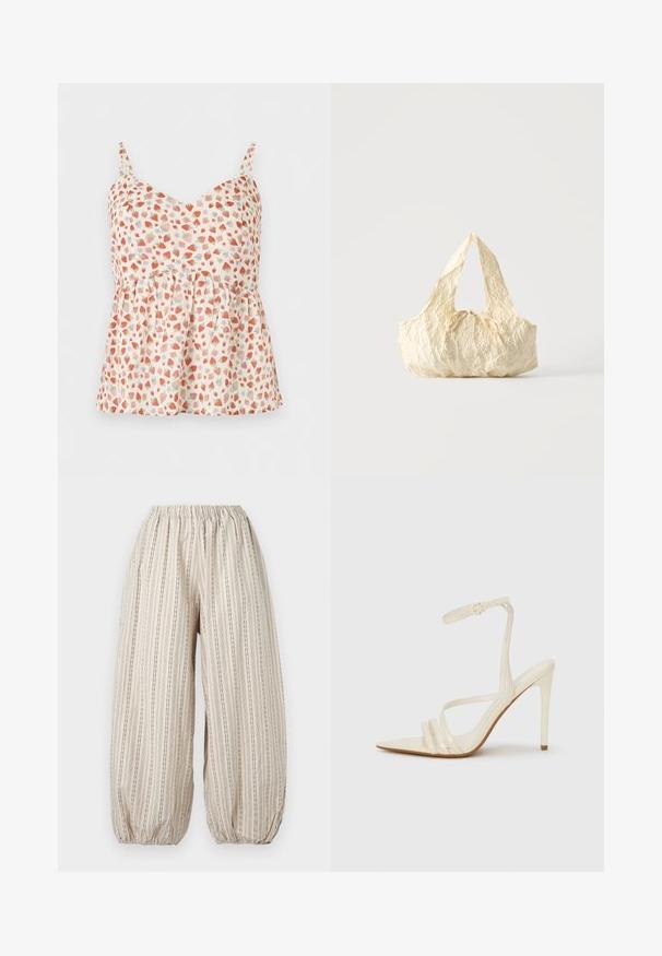 Top blanc sans manches pour femme avec fines bretelles et imprimé fraises rouges, présentant une taille froncée et un ourlet évasé.; Pantalon beige ample avec des rayures noires verticales, taille élastique et poignets élastiques froncés aux chevilles.; Sandales à talons hauts beiges avec un bout pointu, comportant trois brides à l'avant et une fine bride à la cheville avec une boucle. Texture lisse, design minimaliste.; Sac à main en tissu texturé couleur crème avec des anses sur le dessus et un petit nœud noué au centre devant.