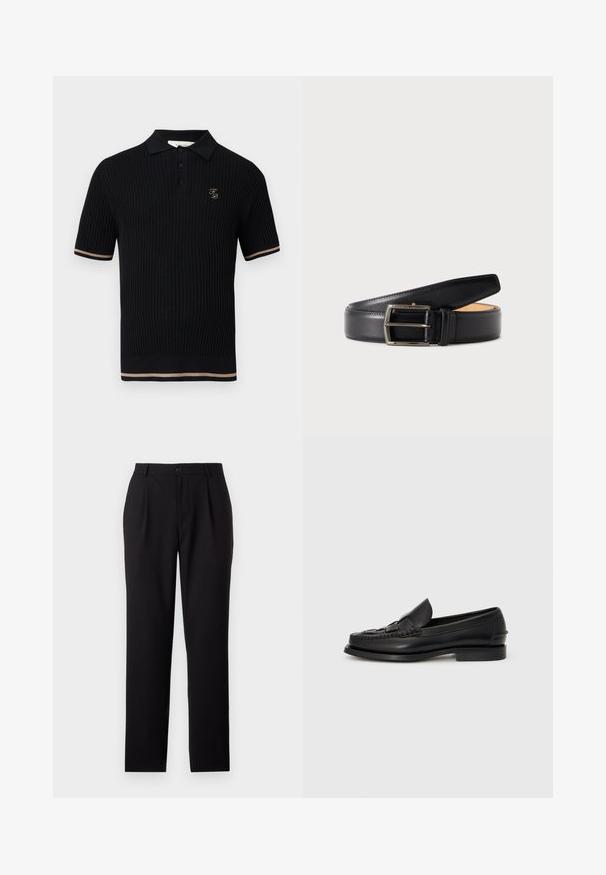 Sort ribbet polo-shirt med korte ærmer og tre knapper, beige striber på ærmekanter og kant forneden samt lille gyldent "FP"-logo på venstre bryst.; Sorte buksener med straight-leg design, lavet af glat stof. Har frontfolder og en knaplukning i taljen.; Sorte læderloafer med et vævet detaljer hen over fronten, rund tå og en lav hæl. Glat tekstur og minimalistisk design.; Sort læderbælte med sølvrektangulært spænde rullet sammen på en ensfarvet, lys baggrund.