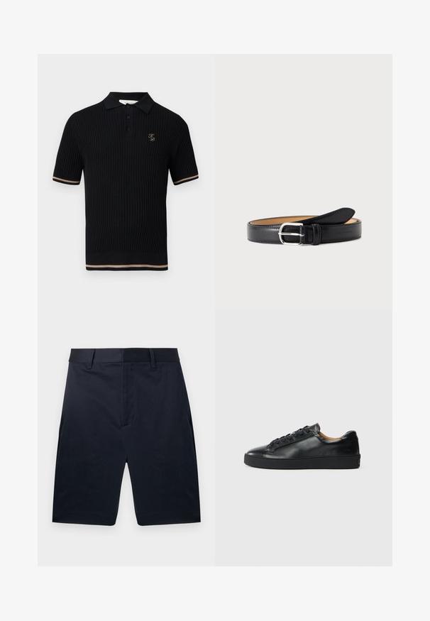 Polo noir côtelé à manches courtes avec trois boutons, rayures beige sur les poignets et l'ourlet des manches, et petit logo "FP" doré sur la poitrine gauche.; Shorts bleu marine sur mesure, longueur genou, avec passants de ceinture et fermeture à glissière avant cachée, présentés à plat sur un fond blanc.; Baskets en cuir noir avec une texture lisse, bout rond et fermeture à lacets. Comprend une semelle en caoutchouc épaisse et un minimum de détails de marque.; Ceinture en cuir noir avec boucle rectangulaire argentée, roulée avec la boucle vers l'avant sur un fond clair uni.