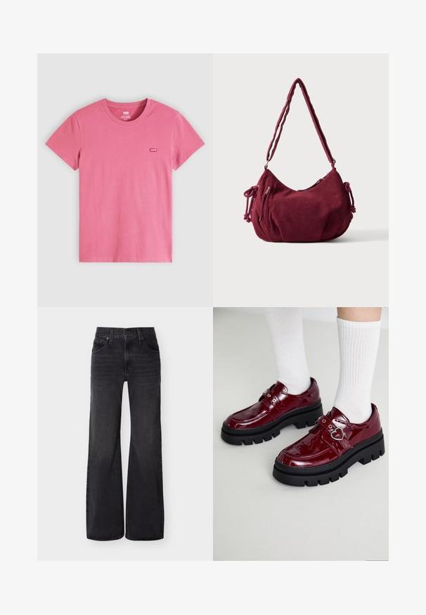 Pink Levi's T-shirt med korte ærmer, rund hals og lille Levi's-logo på venstre bryst, vist på en ensfarvet lys baggrund.; Sorte høj talje, vidde-benet jeans med forreste knap, lynlås, bæltestropper og fem-lomme design på en ensfarvet baggrund.; Bordeaux patent læder sko med en kraftig sort sål, dobbelt rem med hjerte detalje og ribbede hvide sokker. Retro design med tykkere greb.; Blød bordeaux kordfløjls skuldertaske med justerbar rem, lynlås lukning, sidelommer med bindebånd og en front lynlåslomme.