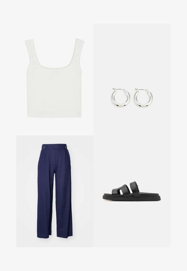 Top tank en blanc, à côtes, avec un décolleté carré et des bretelles larges. Présente une bordure en dentelle le long de l'encolure et des emmanchures.; Pantalons larges bleu marine en tissu doux, dotés de plis et de deux boutons à l'avant de la taille pour un détail supplémentaire.; Sandales noires en cuir avec deux larges sangles, design à bout ouvert, et une semelle épaisse en caoutchouc noir avec un motif texturé et strié.; Boucles d'oreilles en argent avec une finition polie, présentant une forme circulaire et une fermeture à charnière. Texture lisse avec un minimum de détails.