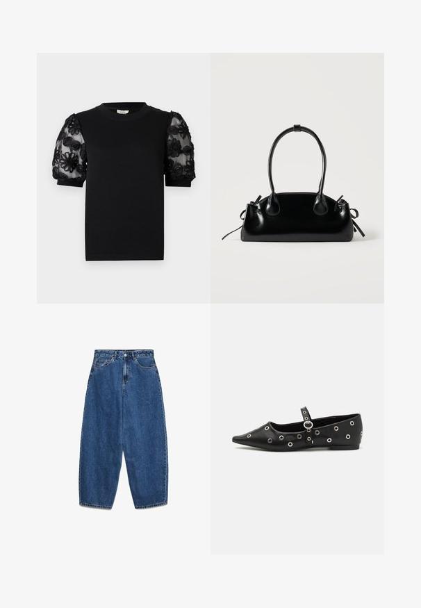 T-shirt noir avec un col rond et des manches courtes. Les manches bouffantes sont en tissu transparent avec une broderie florale noire délicate.; Jean en denim bleu avec taille haute, coupe décontractée et jambes droites. Design classique à cinq poches avec fermeture éclair et bouton.; Chaussure plate en cuir noir avec un orteil pointu, ornée d'œillets en argent décoratifs et d'une sangle ajustable autour de la cheville.; Petit sac à main noir brillant avec deux longues anses et des détails à cordon sur les côtés sur un fond clair uni.