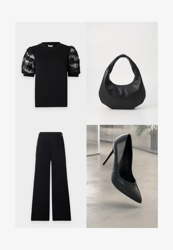 Camiseta negra con cuello redondo y mangas cortas. Las mangas abullonadas tienen tela transparente con bordados negros de flores intrincadas.; Pantalones negros de pierna ancha con cintura alta, pliegues en la parte delantera y un detalle de hebilla lateral en la pretina.; Zapato de tacón alto de cuero negro con punta afilada, diseño elegante y sin herrajes visibles. Textura suave y estilo minimalista.; Bolso de mano tejido en negro con un asa curvada, que presenta una superficie texturizada y una forma holgada. Acabado suave con una silueta orgánica.