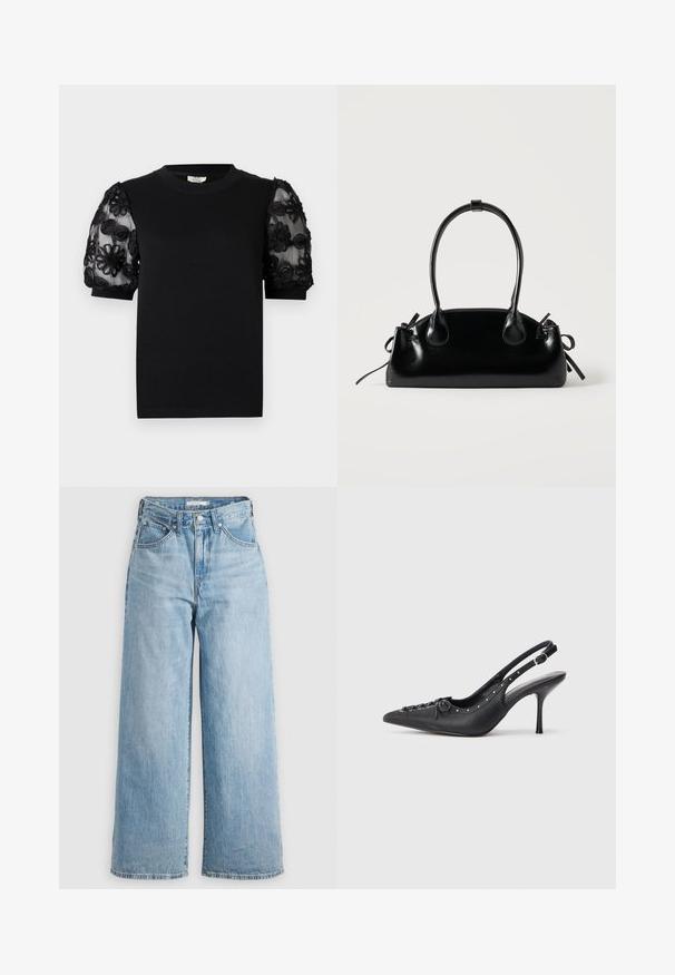 Camiseta negra con cuello redondo y mangas cortas. Las mangas abullonadas tienen tela transparente con bordados negros de flores intrincadas.; Vaqueros de pierna ancha de color azul claro con una cintura alta, confeccionados en tejido de denimbre. Presentan un diseño clásico de cinco bolsillos y herrajes metálicos.; Sandal de tacón stiletto negro de cuero con punta afilada, correa lateral con hebilla, tachuelas a lo largo del borde y cordones decorativos en la parte delantera.; Pequeño bolso negro brillante con dos asas largas y detalles de cordón lateral sobre un fondo claro liso.