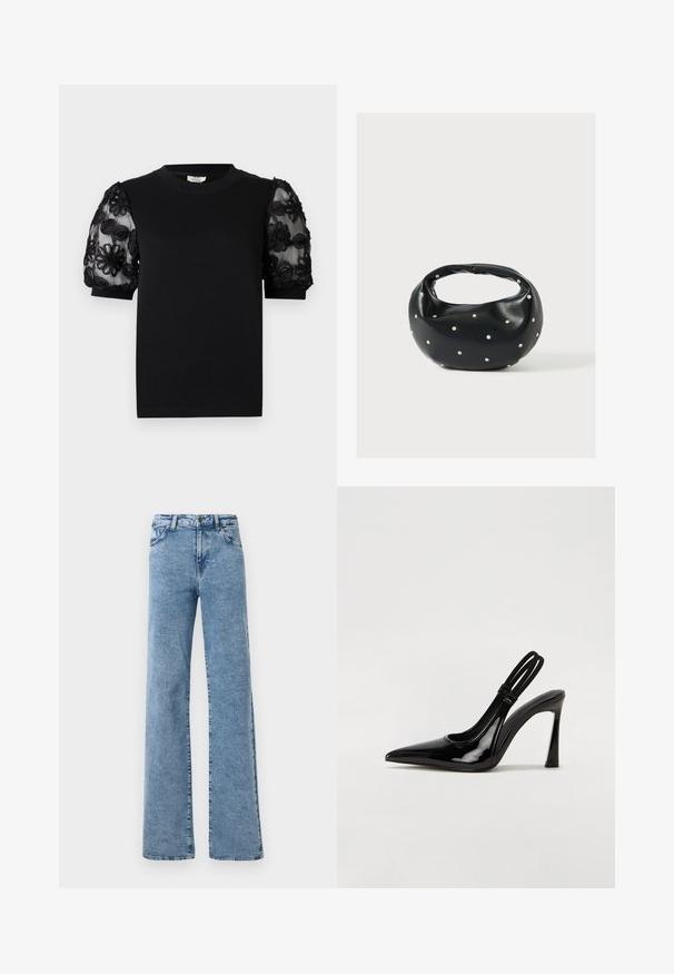 T-shirt noir avec un col rond et des manches courtes. Les manches bouffantes sont en tissu transparent avec une broderie florale noire délicate.; Noisy May Straight fit NMYOLANDA - Wide Leg - medium blue denim; Escarpin en cuir verni noir à talon aiguille, à bout pointu, avec une sangle élastique double pour un maintien sécurisé. Surface lisse et brillante.; Sac à main en cuir noir de forme arrondie, décoré de clous argentés et équipé d'une poignée courte. Texture lisse et fermeture éclair.