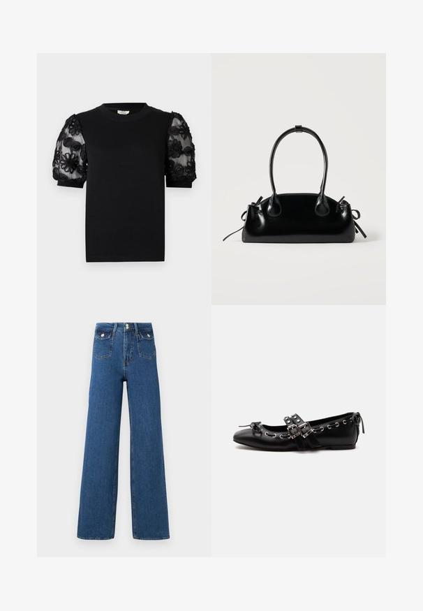 Camiseta negra con cuello redondo y mangas cortas. Las mangas abullonadas tienen tela transparente con bordados negros de flores intrincadas.; Jeans de pierna ancha de mezclilla oscura. Cuenta con dos bolsillos frontales y un cierre de botón. Textura suave con costuras visibles y forma estructurada.; Zapato de ballet plano negro con correas de doble hebilla, ojales plateados y un pequeño lazo cerca de la puntera redondeada sobre un fondo blanco.; Pequeño bolso negro brillante con dos asas largas y detalles de cordón lateral sobre un fondo claro liso.