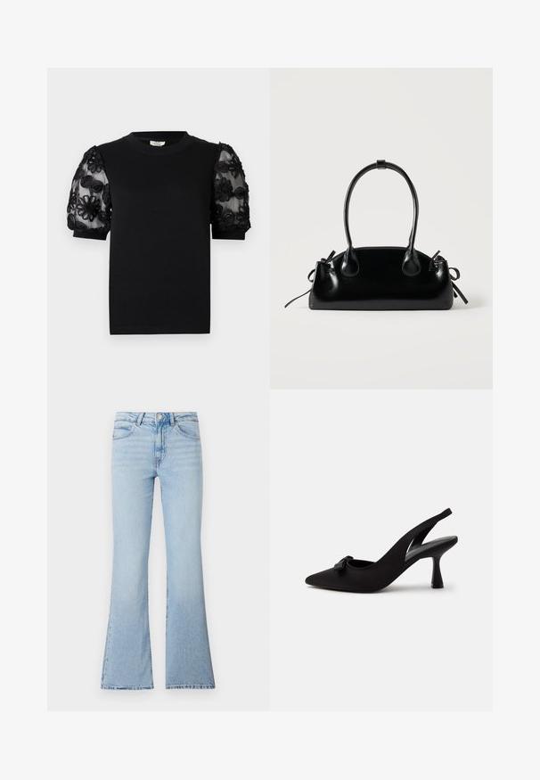 Schwarzes T-Shirt mit rundem Ausschnitt und kurzen Ärmeln. Puffärmel aus transparentem Stoff mit filigraner schwarzer Blumenstickerei.; Hellblaue, aus Denim gefertigte Schlagjeans. Verfügt über eine hohe Taille, ein traditionelles Fünf-Taschen-Design und eine leicht ausgewaschene Optik.; Schwarzer Slingback-Pumps mit spitzer Kappe, kleinem Schleifendetail vorne und schmalem Absatz, vor weißem Hintergrund gezeigt.; Kleine schwarze glänzende Handtasche mit zwei langen Griffen und seitlichen Kordelzug-Details vor einfachem hellem Hintergrund.