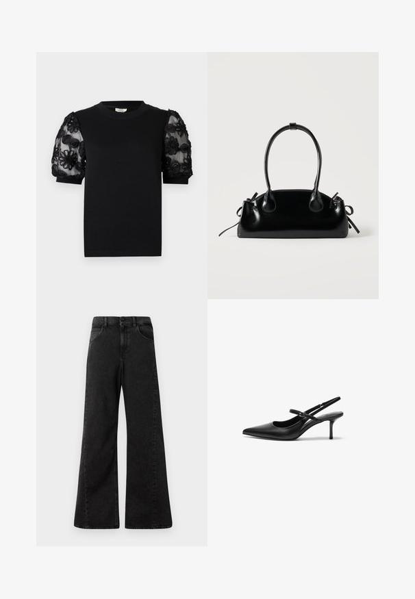 Camiseta negra con cuello redondo y mangas cortas. Las mangas abullonadas tienen tela transparente con bordados negros de flores intrincadas.; Vaqueros de mezclilla negros de cintura alta con un diseño de pierna ancha, que cuentan con bolsillos frontales y un cierre de botón en la cintura.; Zapatos de tacón slingback de cuero negro con punta afilada, correa ajustable delgada y un tacón de aguja de aproximadamente 5 cm, textura suave.; Pequeño bolso negro brillante con dos asas largas y detalles de cordón lateral sobre un fondo claro liso.