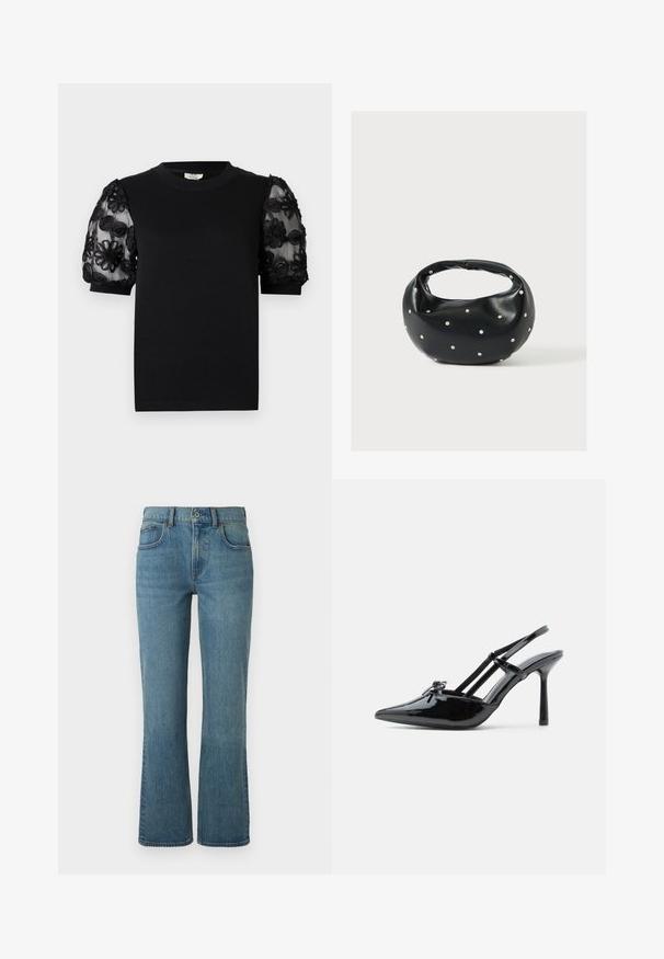 Sort T-shirt med rund halsudskæring og korte ærmer. Pufærmerne har gennemsigtigt stof med indviklet sort blomsterbroderi.; Lysblå flagrende jeans lavet af denim, med fem lommer, en frontknaplukning og subtil fading for tekstur.; Sort lakeret læder højhælet slingback-sko med spids tå, tynd hæl og dobbelt remdetalje over vristen.; Sort læderhåndtaske med en rundet form, dekoreret med sølvnitter, og et kort håndtag. Glat tekstur og lynlåslukning.