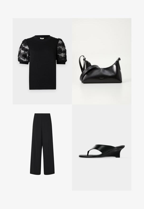 Schwarzes T-Shirt mit rundem Ausschnitt und kurzen Ärmeln. Puffärmel aus transparentem Stoff mit filigraner schwarzer Blumenstickerei.; Schwarze, weite, knöchellange Hosen mit hohem Bund und seitlichen Taschen, die subtile vertikale Nahtdetails aufweisen.; Schwarze Keilsandale aus Leder mit Zehensteg und offener Spitze, mit niedrigem, geschwungenem Absatz und schlankem, minimalistischem Design.; Schwarze lederne Handtasche mit glatter Textur. Verfügt über einen verstellbaren Riemen und ein elegantes, minimalistisches Design mit einem Reißverschluss.