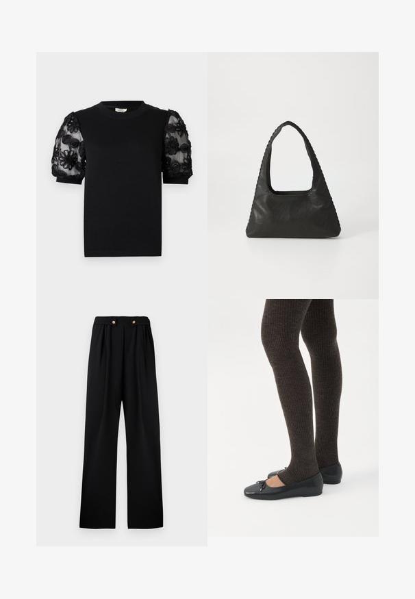 T-shirt noir avec un col rond et des manches courtes. Les manches bouffantes sont en tissu transparent avec une broderie florale noire délicate.; Pantalon noir plissé à taille haute, doté de deux boutons dorés à l'avant, fabriqué dans un tissu lisse et texturé.; Jambes portant des leggings côtelés foncés associés à des ballerines noires avec de petits détails en nœud sur fond blanc.; Sac à main en cuir noir de forme triangulaire, avec une grande poignée découpée et des coutures détaillées le long des bords. Texture lisse.