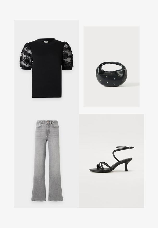 Camiseta negra con cuello redondo y mangas cortas. Las mangas abullonadas tienen tela transparente con bordados negros de flores intrincadas.; Jeans de mezclilla gris de campana con una cintura alta, bolsillos delanteros, trabillas para el cinturón y un sutil diseño descolorido, presentados sobre un fondo blanco.; Even&Odd Wide Fit Sandalias - black; Bolso de mano de cuero negro con forma redondeada, decorado con detalles de tachuelas plateadas y un asa corta. Textura lisa y cierre con cremallera.