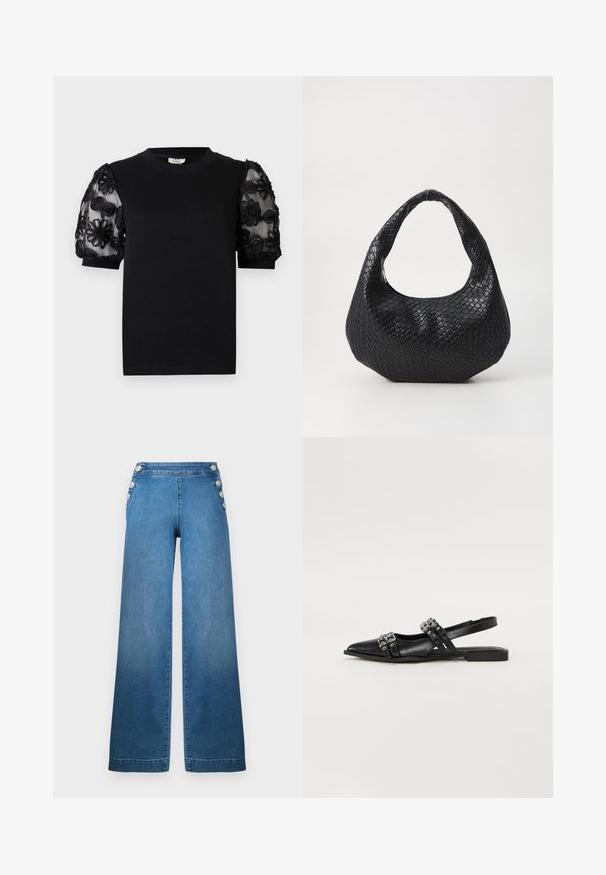 Schwarzes T-Shirt mit rundem Ausschnitt und kurzen Ärmeln. Puffärmel aus transparentem Stoff mit filigraner schwarzer Blumenstickerei.; Weite blaue Denim-Hose mit hoher Taille, knöpfbaren Seitendetails und einem sauberen Saum. Der Stoff hat eine glatte Textur mit einem leichten Verblassen.; Even&Odd by Zalando Sling-Ballerina - black; Schwarze gewebte Handtasche mit einem gebogenen Griff, die eine strukturierte Oberfläche und eine lässige Form hat. Glatte Oberfläche mit einer organischen Silhouette.