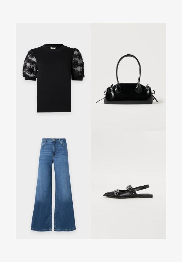 Camiseta negra con cuello redondo y mangas cortas. Las mangas abullonadas tienen tela transparente con bordados negros de flores intrincadas.; Vaqueros de pierna ancha azul hechos de denim, con cintura alta, bolsillos frontales y un dobladillo limpio. Sin patrones ni adornos visibles.; Even&Odd Bailarinas con tira trasera - black; Pequeño bolso negro brillante con dos asas largas y detalles de cordón lateral sobre un fondo claro liso.