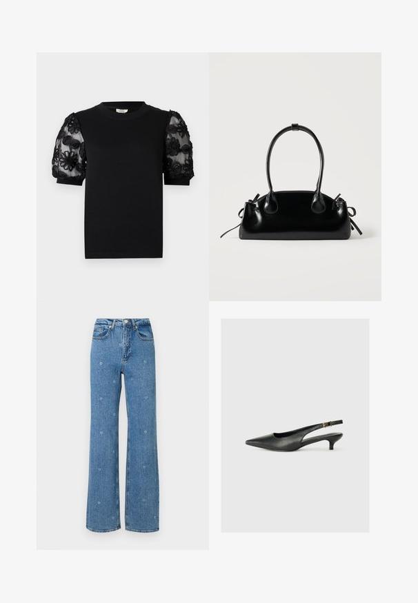 Sort T-shirt med rund halsudskæring og korte ærmer. Pufærmerne har gennemsigtigt stof med indviklet sort blomsterbroderi.; Blå høj talje lige ben jeans med små hvide blomsterbroderier spredt over stoffet.; Sorte spidse slingback-sko lavet af glat læder. Har en tynd hæl og en spænde detalje på den justerbare rem.; Lille sort blank håndtaske med to lange håndtag og snøre-detaljer i siden på en ensfarvet lys baggrund.