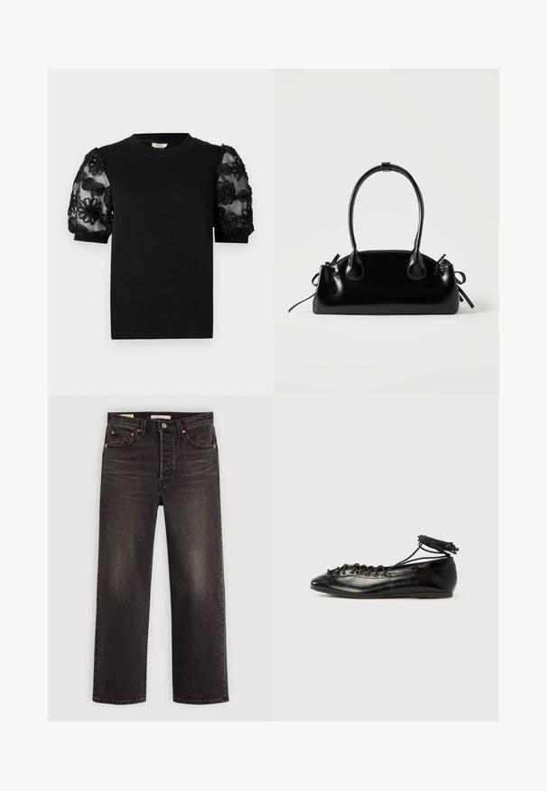 Schwarzes T-Shirt mit rundem Ausschnitt und kurzen Ärmeln. Puffärmel aus transparentem Stoff mit filigraner schwarzer Blumenstickerei.; Schwarze Jeans aus Denim mit geradem Bein. Verfügt über kupferne Nieten und Taschen. Glatte Textur und leicht verwaschene Optik.; Schwarze Ballerinas aus Lackleder mit runder Spitze, Schnürdesign und flacher Sohle. Glatte Textur mit minimaler Verzierung.; Kleine schwarze glänzende Handtasche mit zwei langen Griffen und seitlichen Kordelzug-Details vor einfachem hellem Hintergrund.