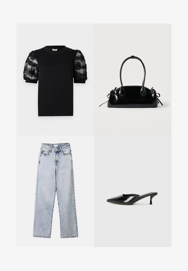 Camiseta negra con cuello redondo y mangas cortas. Las mangas abullonadas tienen tela transparente con bordados negros de flores intrincadas.; Vaqueros de pierna recta de color azul claro, confeccionados en denim, con dos bolsillos frontales, cierre de botón y costuras en contraste a lo largo de las costuras.; Mulas de charol negro con punta afilada, tacón bajo tipo kitten y lados curvados, con acabado brillante y diseño minimalista.; Pequeño bolso negro brillante con dos asas largas y detalles de cordón lateral sobre un fondo claro liso.