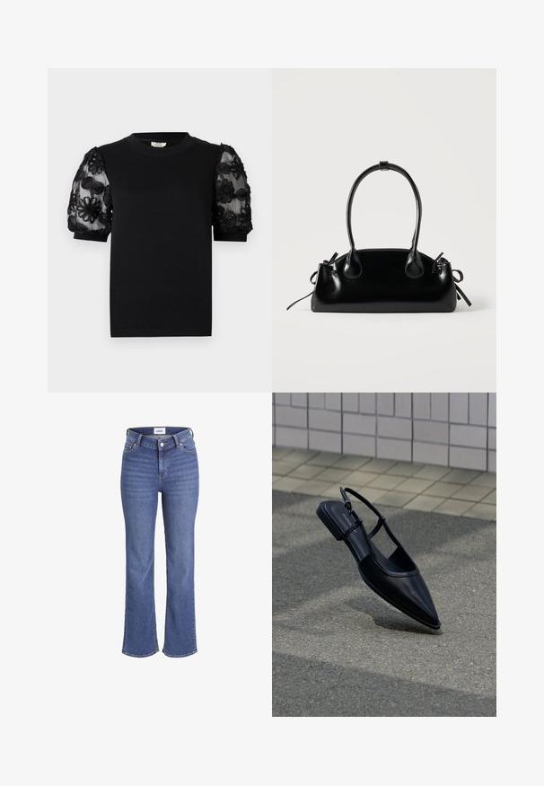 Zwart T-shirt met een ronde halslijn en korte mouwen. Pofmouwen zijn gemaakt van doorschijnende stof met gedetailleerde zwarte bloemenborduursels.; Donkerblauwe denim jeans met een hoge taille, wijdere pijpen en een traditionele vijf-pocketdesign. Heeft zichtbare stiksels en een knoopsluiting aan de voorkant.; Zwarte platte schoen met puntige neus en slingback, zwevend boven een asfaltoppervlak naast een betegeld trottoir.; Kleine zwarte glanzende handtas met twee lange hengsels en zijkant trekkoord details op een effen lichte achtergrond.