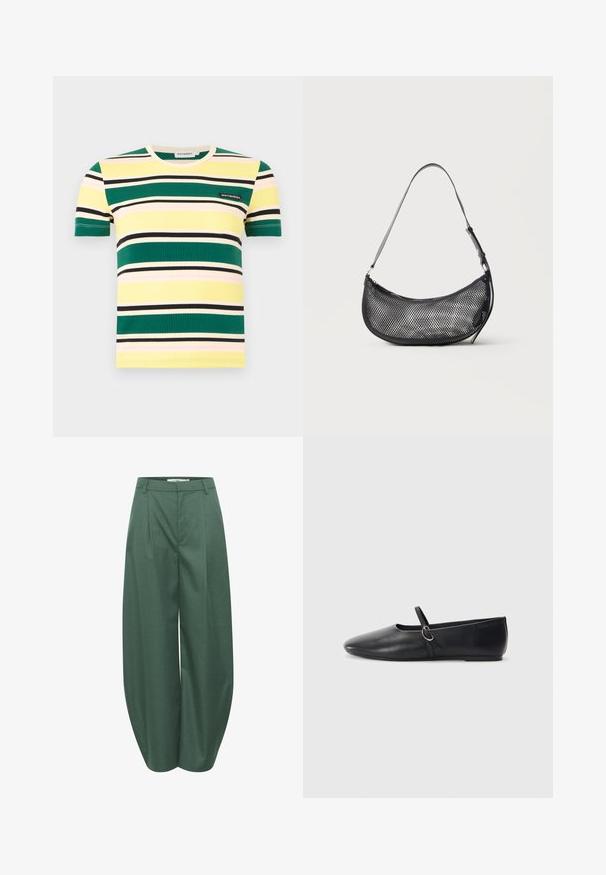 Camiseta de punto canalé de manga corta con rayas horizontales en verde, amarillo, negro, crema y rosa pálido, con una pequeña etiqueta "marimekko" en el pecho.; Gestuz CALLIA BARREL PANTS - Pantalones - posy green melange; Bailarinas de cuero negro con punta afilada, suela plana y una pequeña correa con detalle de hebilla plateada.; Pequeño bolso de hombro negro de malla con forma de media luna y correa fina ajustable, sobre un fondo claro y liso.