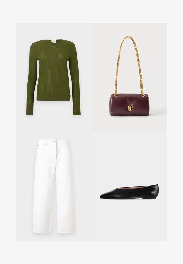 Haut à manches longues côtelé vert olive avec un col rond et une coupe ajustée, présentant une brillance subtile et une texture douce, sans logos ni motifs visibles.; Jean blanc taille haute à jambes larges avec fermeture par boutons et zip, poches avant, et détails en rivets de cuivre.; Chaussure plate en cuir noir pour femme, avec bout pointu et petit talon, vue de côté sur un fond gris clair uni.; Petit sac à main rectangulaire en cuir marron foncé avec une bandoulière chaîne dorée et un fermoir doré à l'avant.